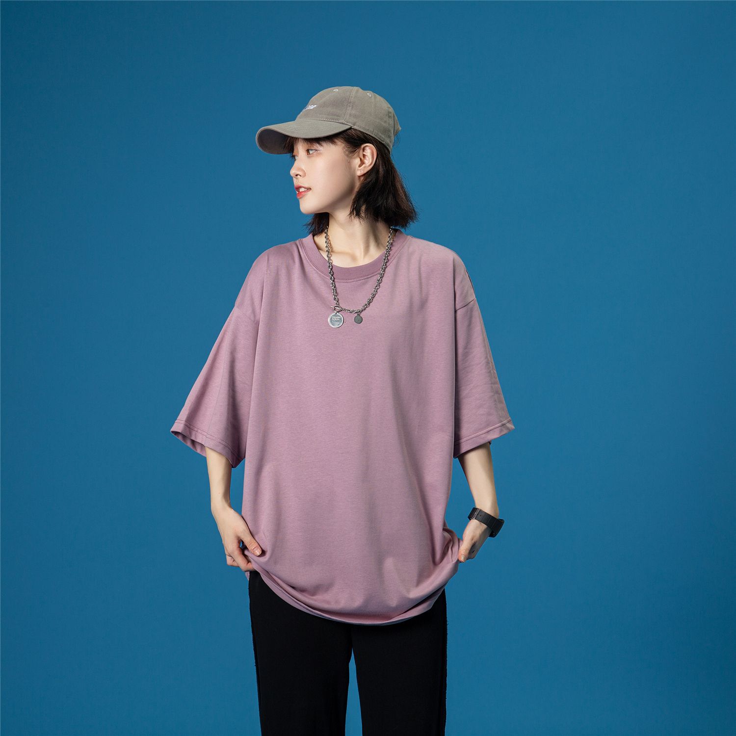 阿美咔叽280g重磅厚实夏季纯棉落肩5分袖白色宽松大码t恤oversize