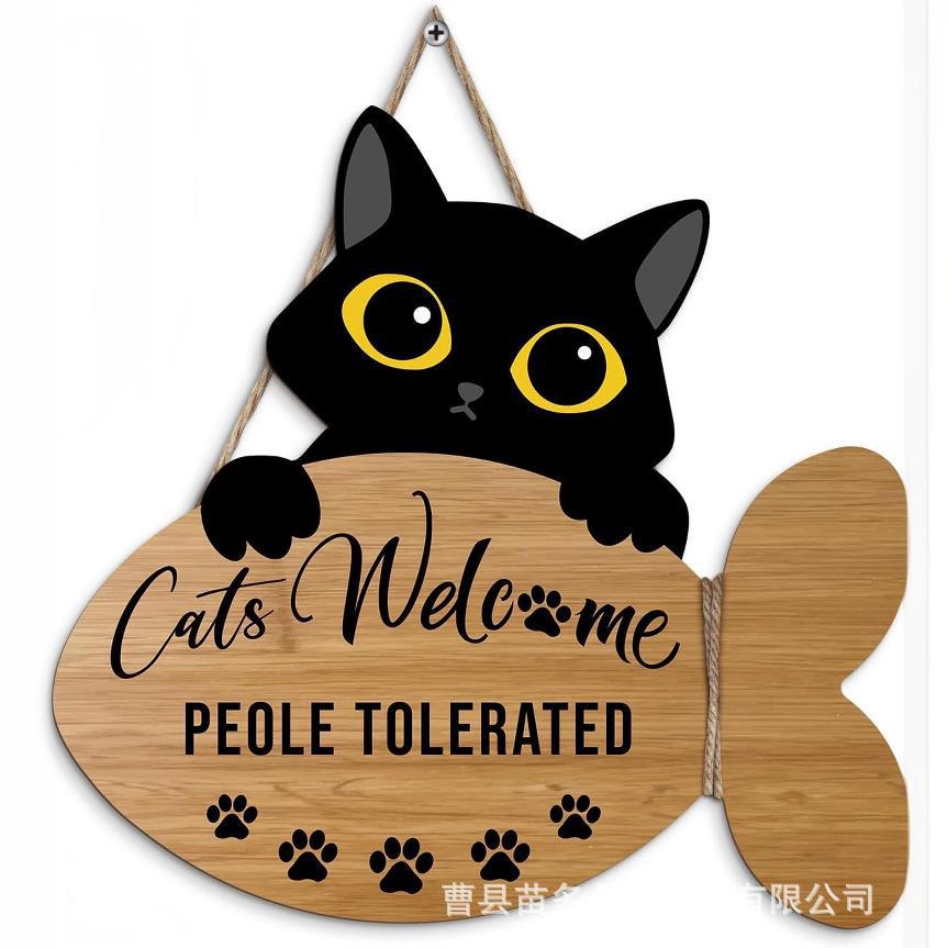 指示挂牌美式乡村墙壁装饰趣味猫咪标识悬挂欢迎标语挂件实木门牌