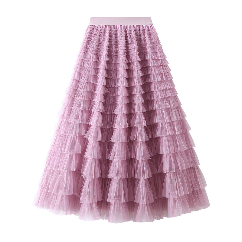 Mesh Tiered Skirt Women's Spring and Autumn 2023 New Dress Fairy White Yarn Skirt Pleated Dress 2210