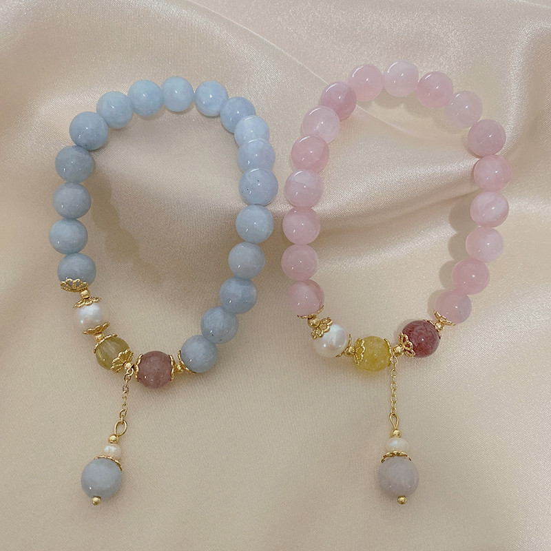 新款天然海蓝宝石手链粉水晶手链女气质时尚个性百搭小清新手串送