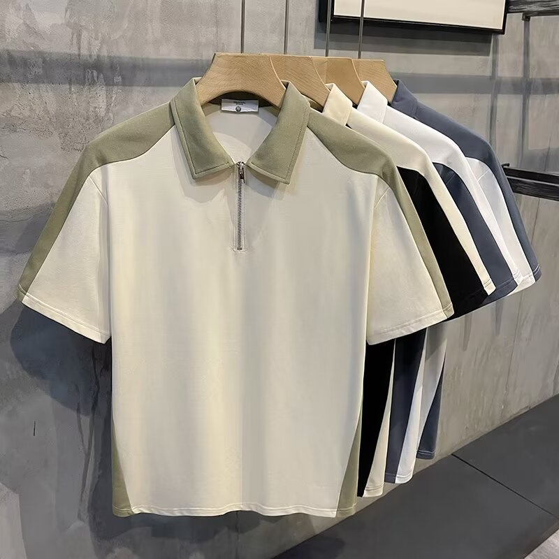 新款拼色拼接宽松半拉链短袖上衣夏款男士休闲英伦风polo衫男装