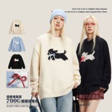 CATTEE黑猫跳跃图案情侣休闲宽松通勤叠穿针织衫秋冬毛衣上衣男