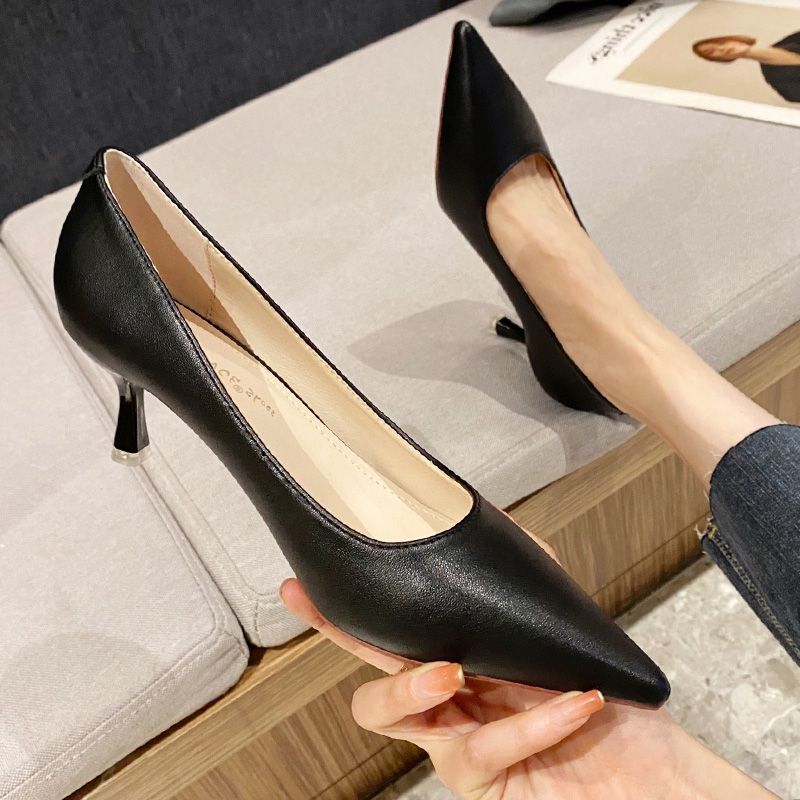 黑色气质小众法式高跟鞋2024春秋新款工作鞋细跟不累脚尖头女单鞋