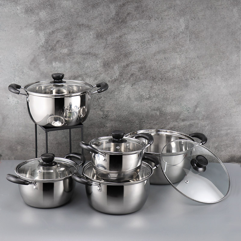 Foreign Trade Wholesale Stainless Steel Single Double Bottom Set Pot Set Non-State Gift Color 10 PCs Set Dual-Sided Stockpot Lepao