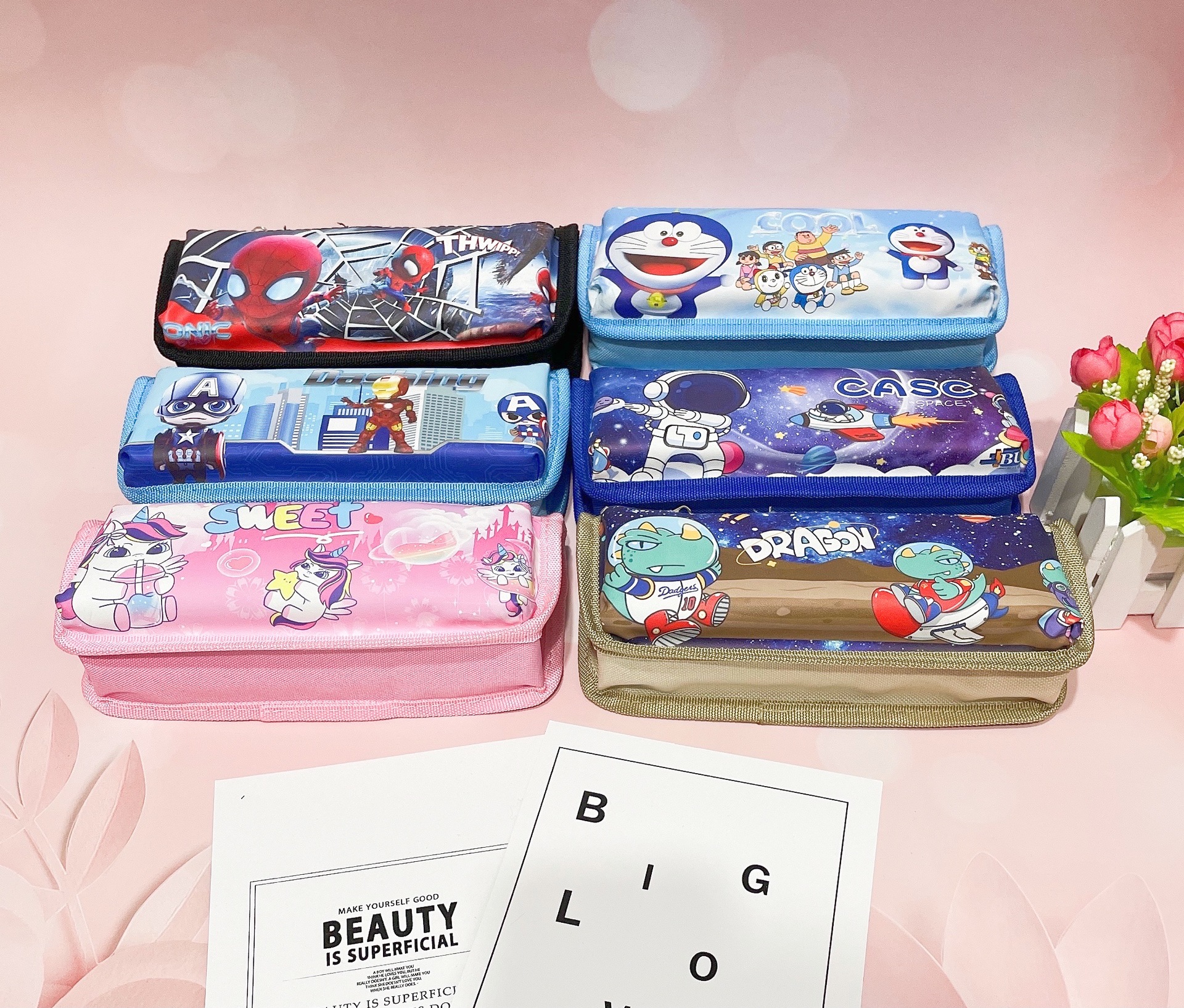 卡通小恐龙双层笔袋 太空人大容量拉链多功能学生学习文具收纳袋