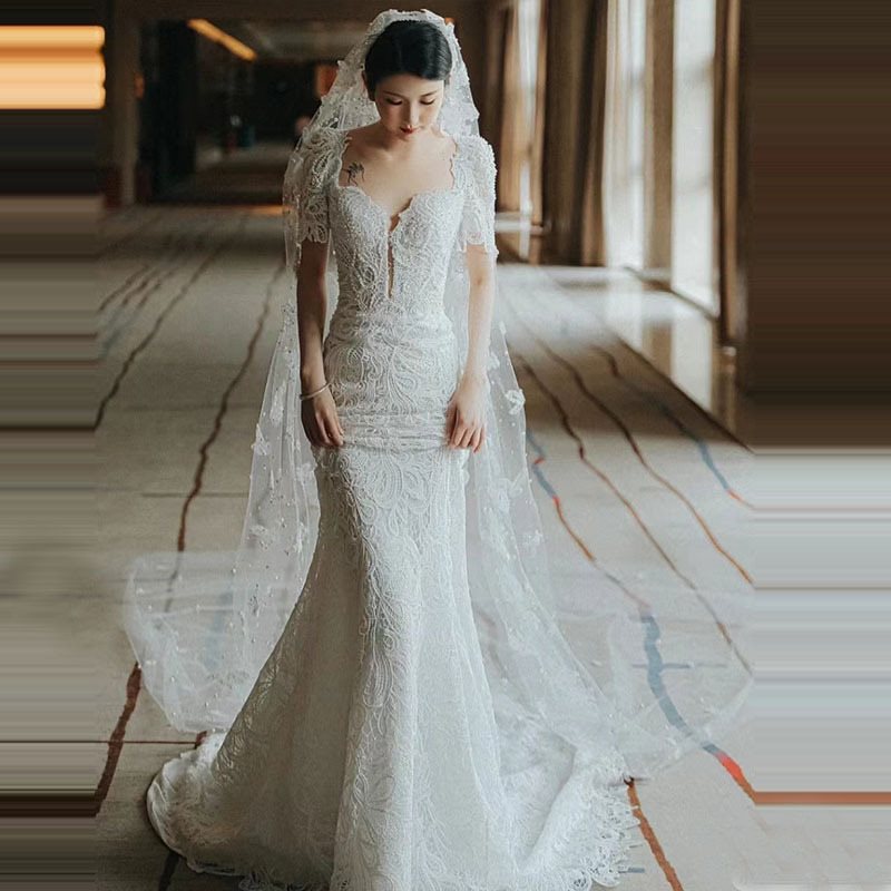 头纱新娘主婚纱头饰重工超长大拖尾软纱复古鱼尾结婚礼法式女