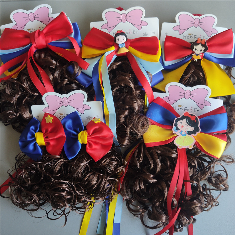 新款白雪公主发饰拼色蝴蝶结卷发假发发夹女童可爱圣诞过年头饰
