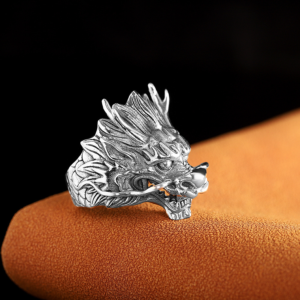 人品银品 s925复古男士十二生肖龙头戒指 时尚个性小众开口指环