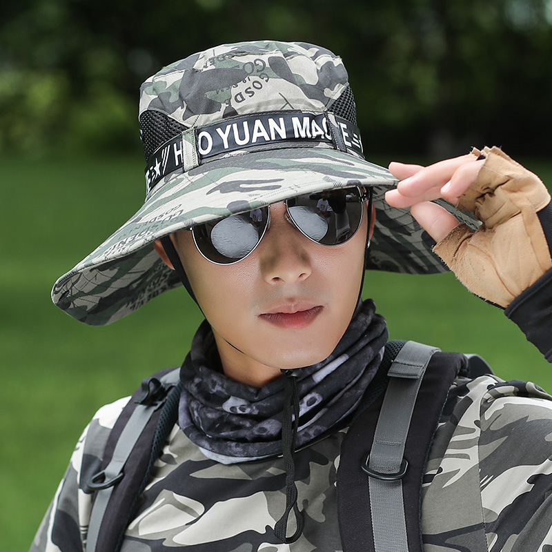 Hat Men's Summer Camouflage Sun-Shade Fisherman Hat Outdoor Fishing UV Protection Big Brim Anti-DDoS Sun Hat Wholesale