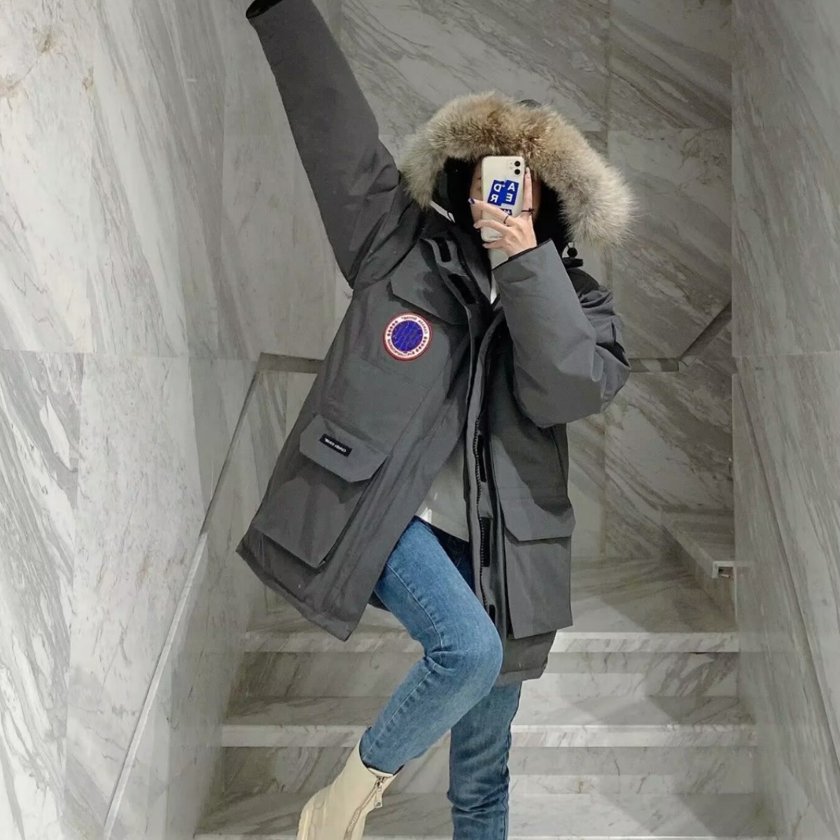 莆田冬季08款大鹅羽绒服远征派克服男女款中长加厚防寒外情侣套