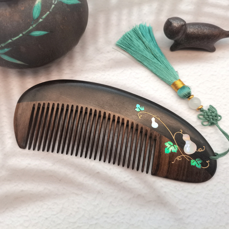 凤丫头厂家直供檀木梳子螺钿镶嵌漆艺福禄双全葫芦梳文创商务礼物