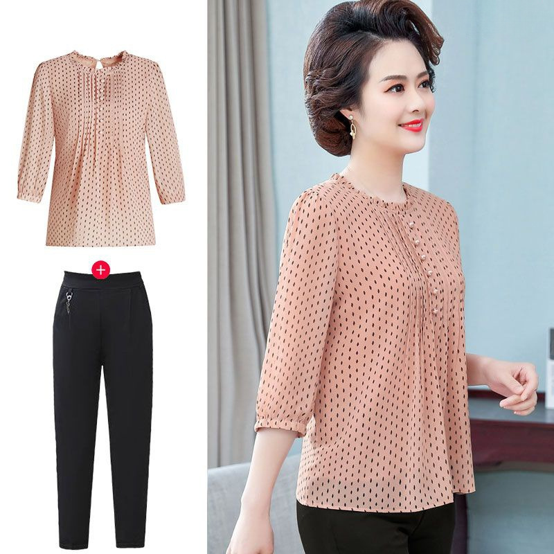g晴2妈妈夏装气质中袖小衫中老年女装洋气雪纺圆领时尚薄款套装单