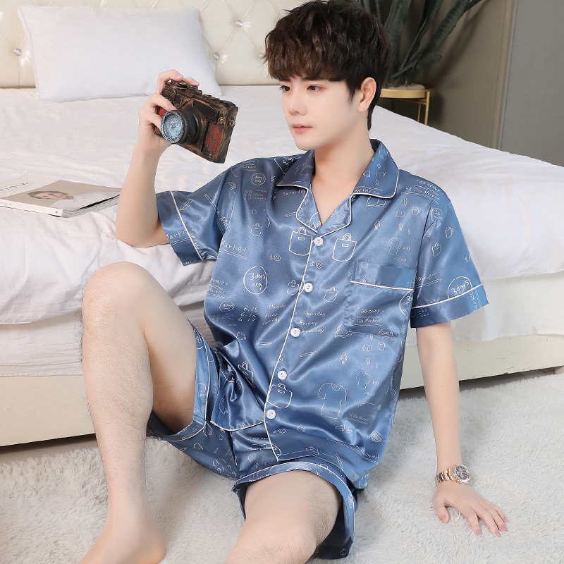 睡衣男夏季冰丝短袖薄款套装男士春秋丝绸短裤男款宽松夏天家居服