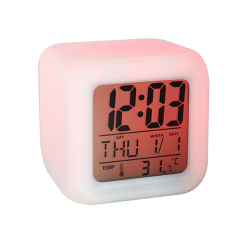 Led Alarm Clock Colorful Color Changing Square Clock Cartoon Electronic Charging Creative Children Lazy Thermometer Gift