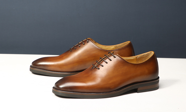 男士固特异手工鞋英伦方头商务正装皮鞋三接头牛津鞋男棕色