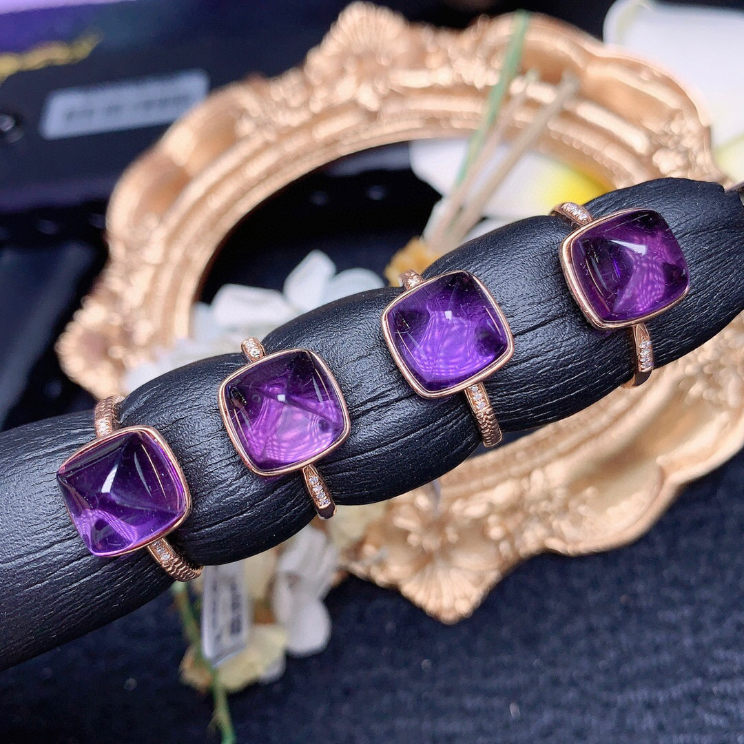 恒鼎盛饰品 18k金镶嵌钻石 紫水晶戒指 糖塔紫水晶 智慧石珠宝