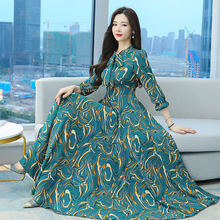 2023春秋外贸新款雪纺长款洋装设计感韩系时尚艺术条纹长袖连衣裙