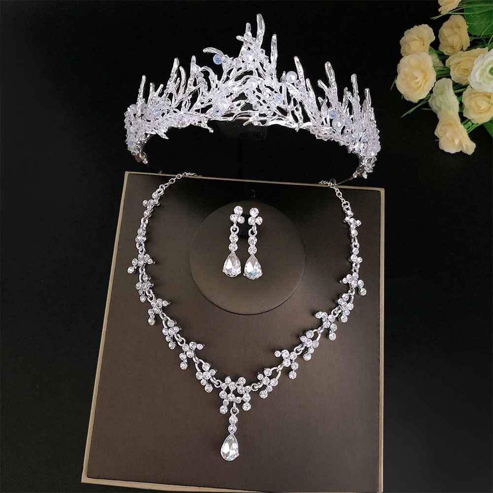 New Bridal Crown Three-Piece Suit Wedding Crown Headdress Necklace Earrings Korean Style Super Fairy Wedding Dress Formal Dress Accessories