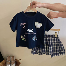小女孩卡通爱心珍珠短袖T恤24夏季韩版洋气不规则边格子裙裤套装