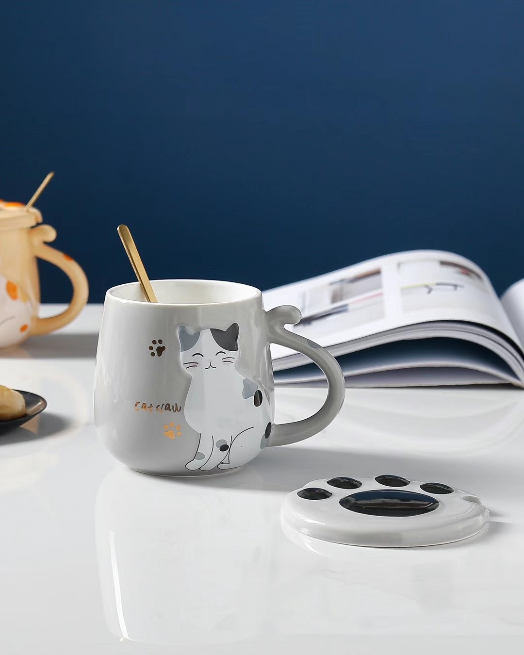 创意浮雕猫咪陶瓷杯可爱立体卡通学生马克杯家用早餐杯办公室水杯