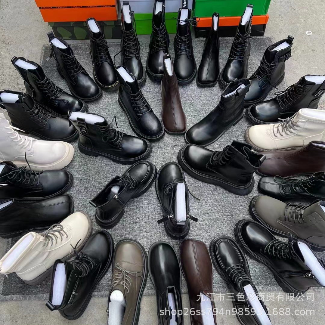 Street Vendor Shoes Wholesale Miscellaneous Martin Single Boots Autumn and Winter New Leather Female Middle Length Cotton Tube Boots Inventory Processing First-Hand Supply