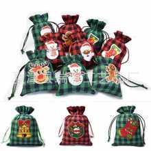 跨境新品红色绿色格子圣诞装饰品苹果 礼品袋儿童束口水果 糖果袋