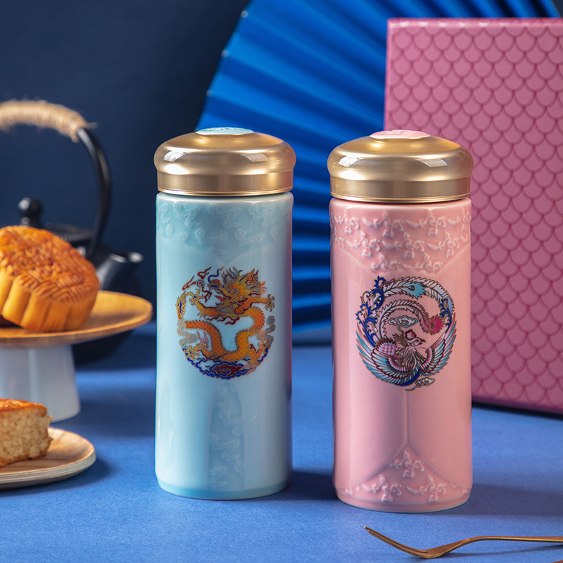 乾唐轩活瓷官方店龙凤呈祥系列陶瓷随手杯 双层330m