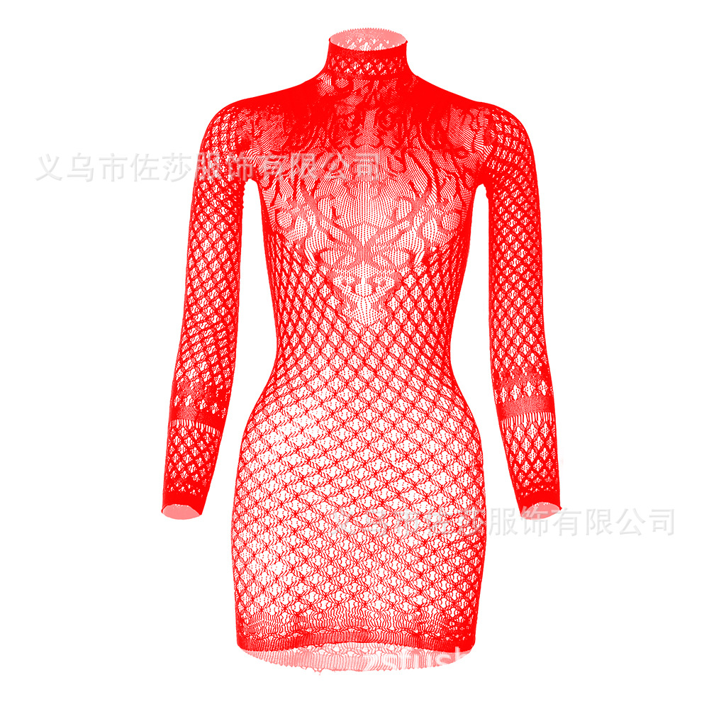 Sexy Lingerie European and American Foreign Trade Long-Sleeved Hip Skirt Skirt Hollow Backless Fishnet Clothes Tights W555