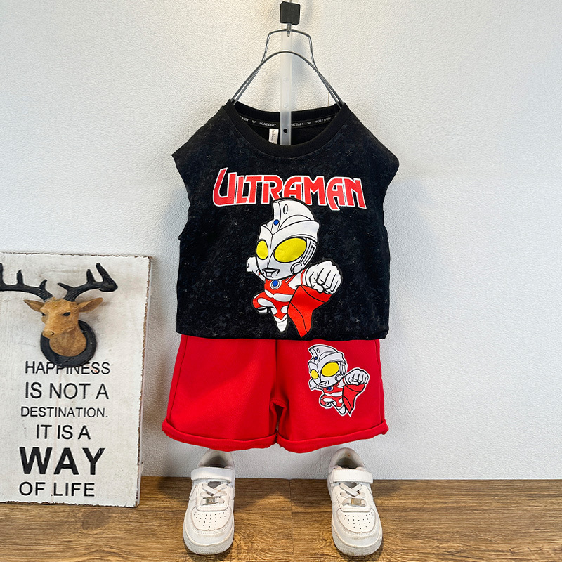 奥特曼套装儿童童装洋气男童夏季无袖背心两件套小童帅气薄款衣服