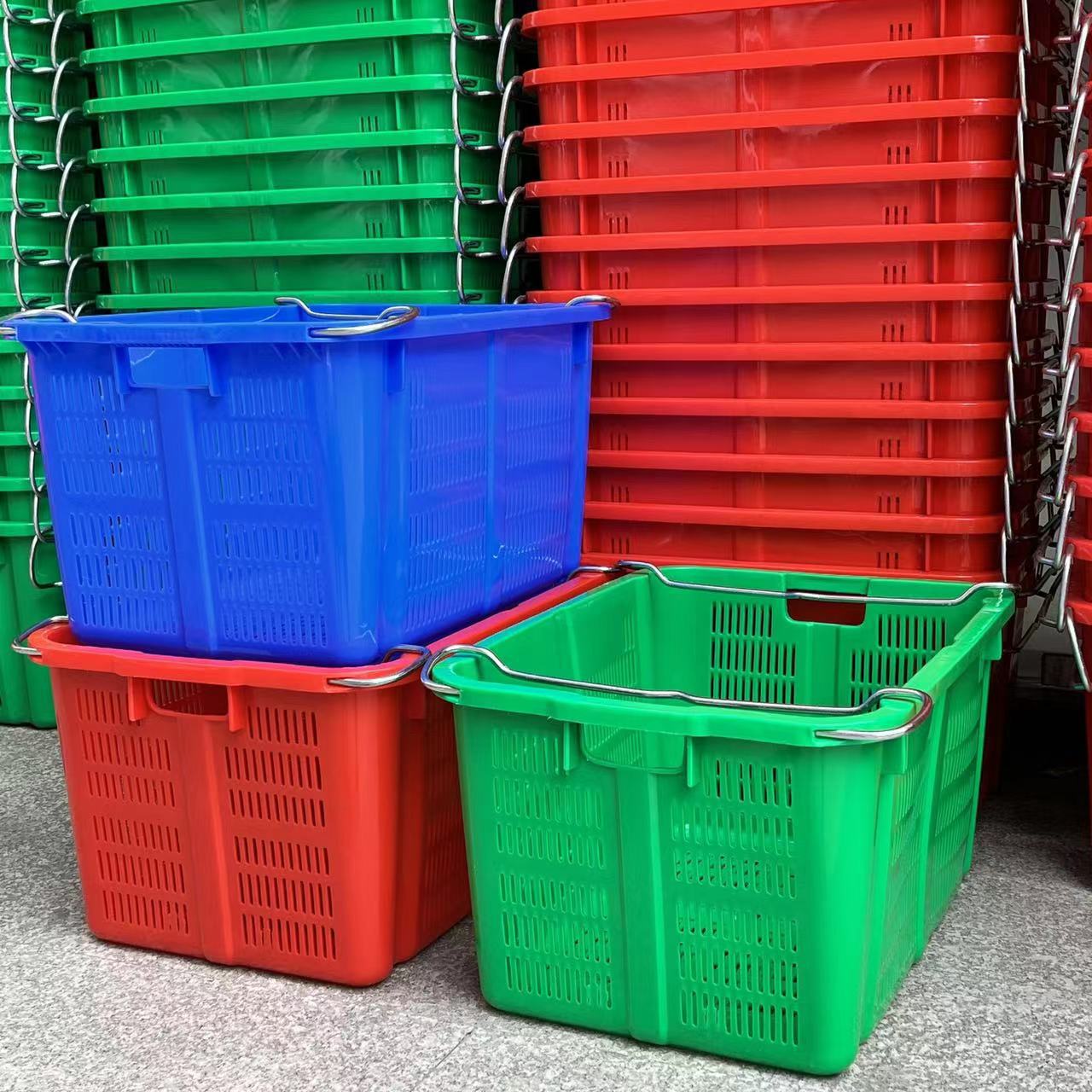 广西百色塑料箩筐加厚带铁耳萝缕空配送胶框大号生鲜周转框可烫金