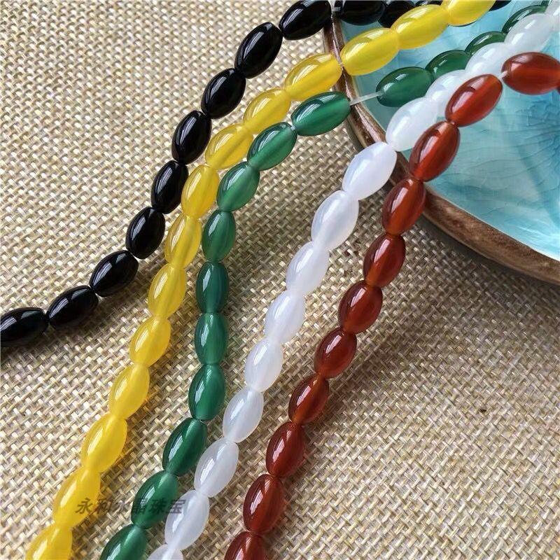 椭圆红玛瑙米珠路路通散珠子半成品手工串珠佛珠绿白黄黑玛瑙桶珠