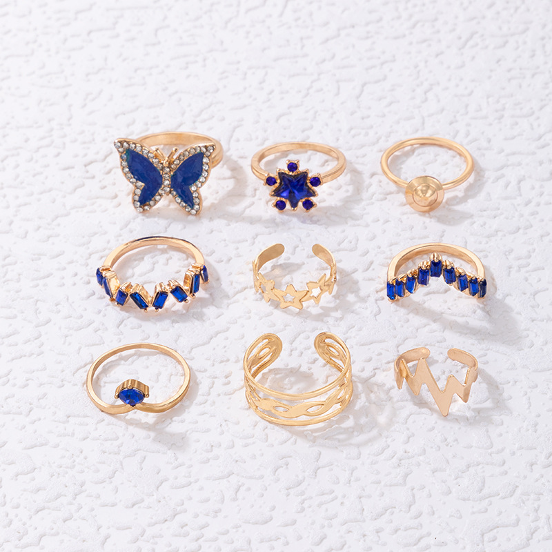 Amazon Cross-Border Butterfly Diamond Nine-Piece Set Ring Geometric Stars Animal Diamond Imitation Gem Ring Set