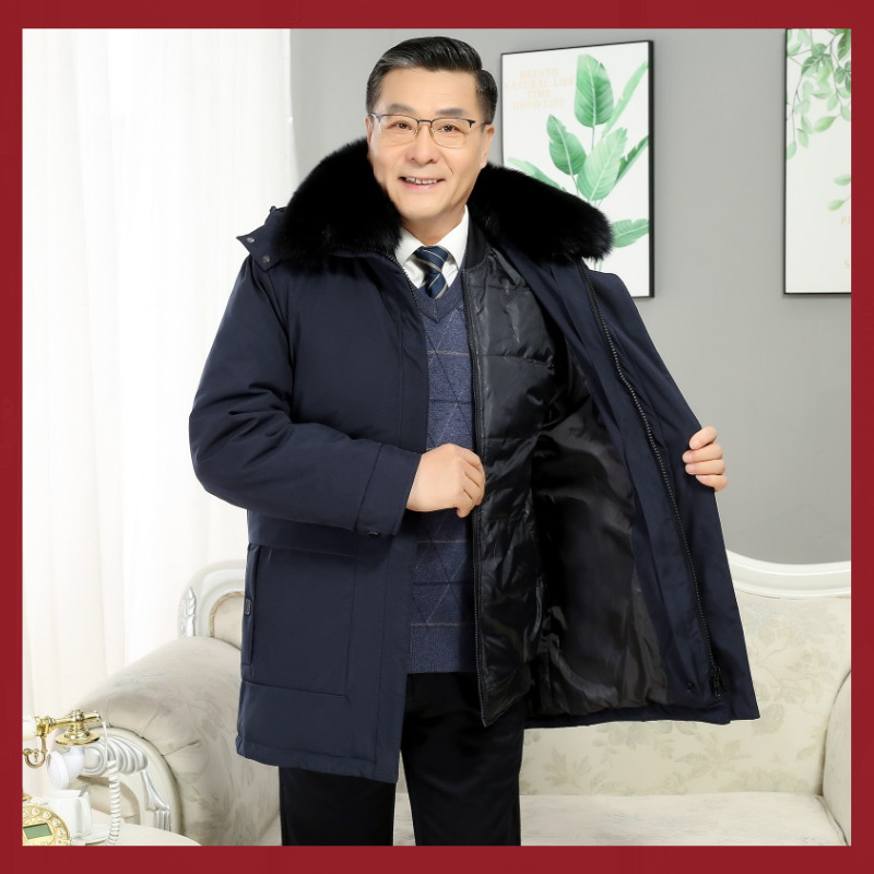 Middle-Aged and Elderly Hooded down Jacket Men's Winter New Thickened Detachable Liner Daddy Men's Outfit Mid-Length Coat