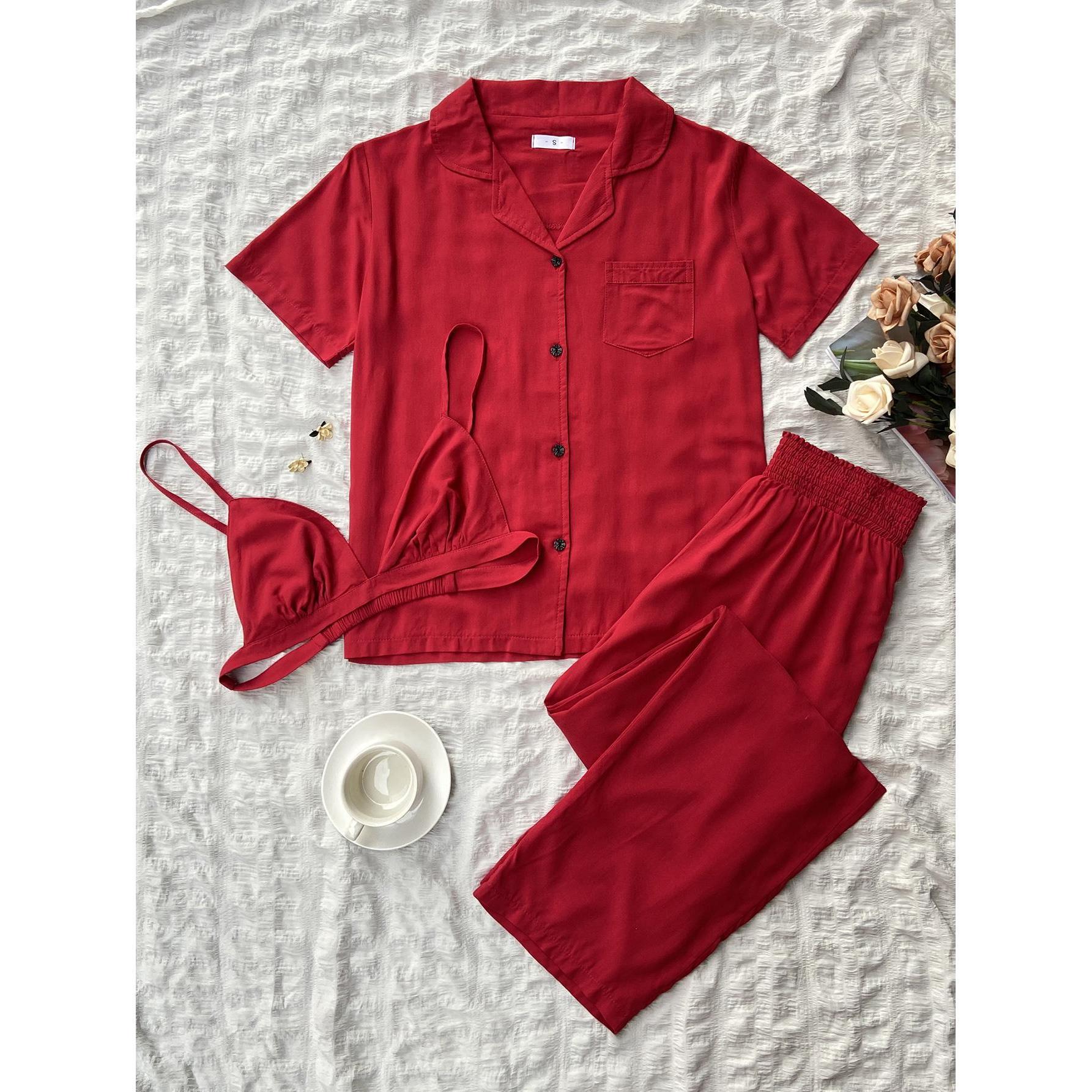 Cross-Border European and American Style Pajamas Women's Spring and Autumn Short Sleeve Cardigan Homewear Three-Piece Outer Wear Foreign Trade Amazon Independent Station