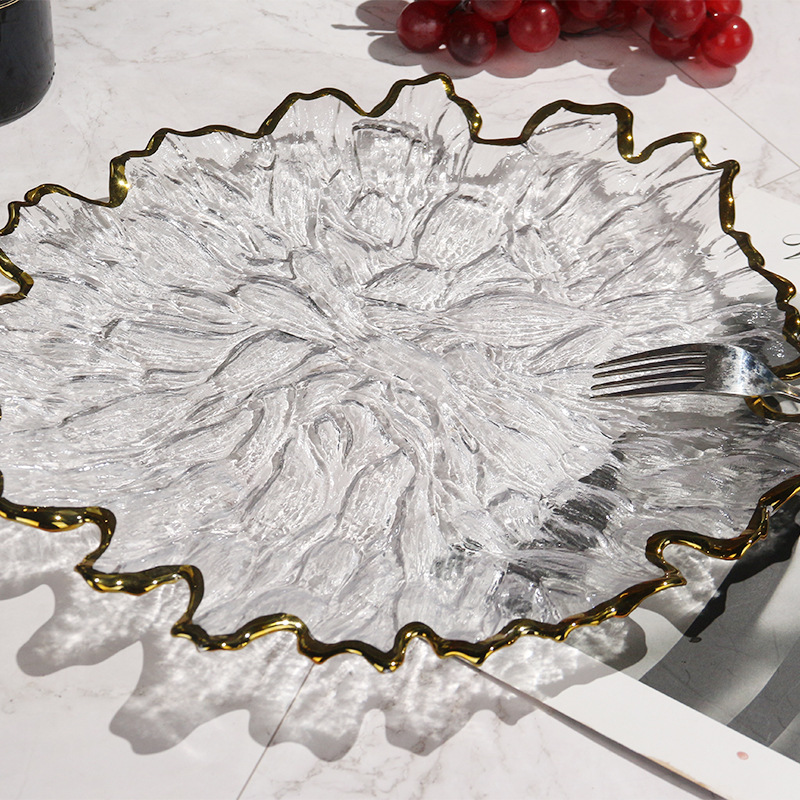 Creative Glass Tableware Gilt Edging Glass Petal Plate Irregular Simple Fruit Salad Plate Household Bowl Plate