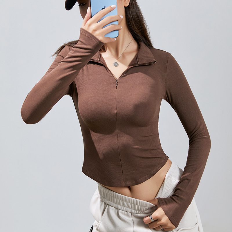 Yoga Clothes Long Sleeve 2023 Autumn and Winter New Bottoming Shirt Women's Lapel Front Zipped Sports Coat Running Fitness Clothes