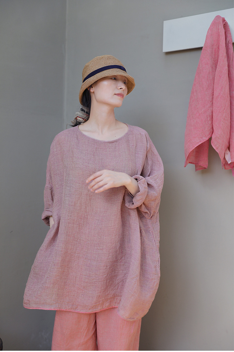 夏款纯亚麻藕荷色花纱超宽松清透凉爽圆领套头衫5300