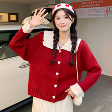 红色娃娃领毛衣外套女装秋冬季2021新款甜美设计感温柔风针织开衫