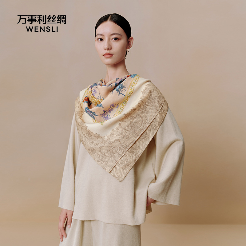 万事利wensli秋冬新款双面印花丝羊毛围巾-花漾诗语保暖吸湿围巾