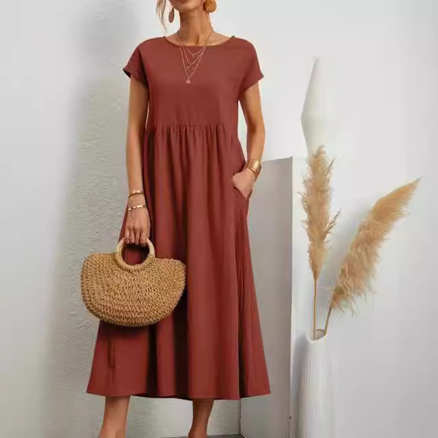 Amazon Aliexpress 2024Ebay European and American Solid Color Sleeveless Loose Cotton Linen Pocket Dress in Stock Women Clothes