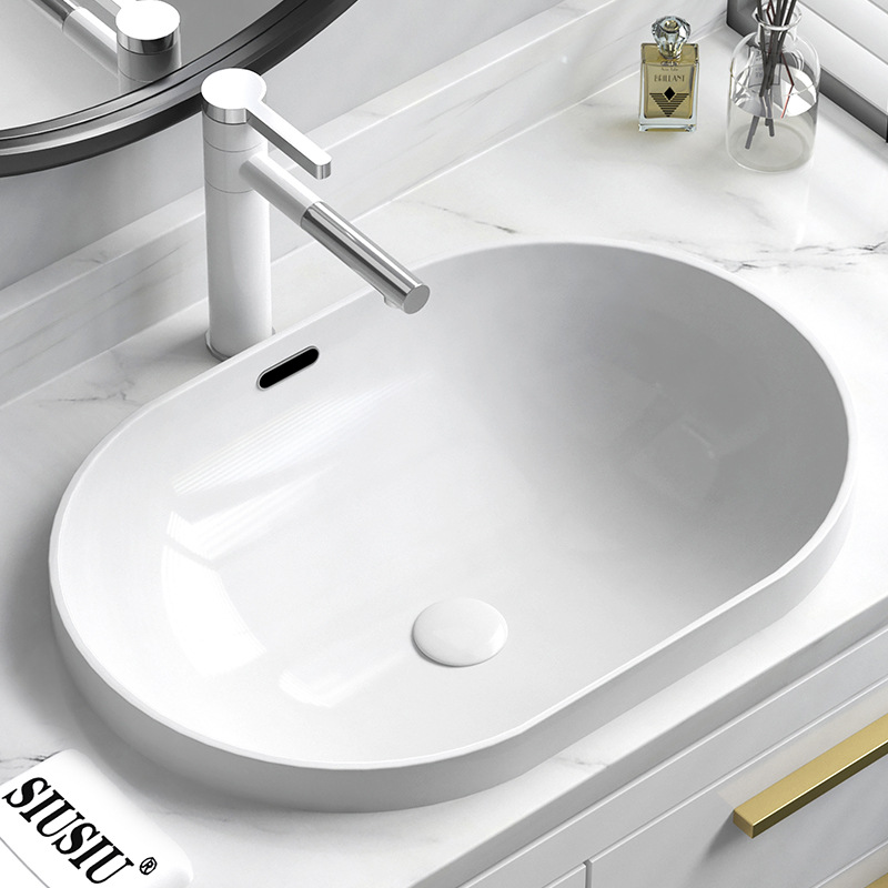 Wholesale Semi-Embedded Table Basin Mid-Basin Rectangular Ceramic Hand Washing Wash Basin Oval Wash Basin White