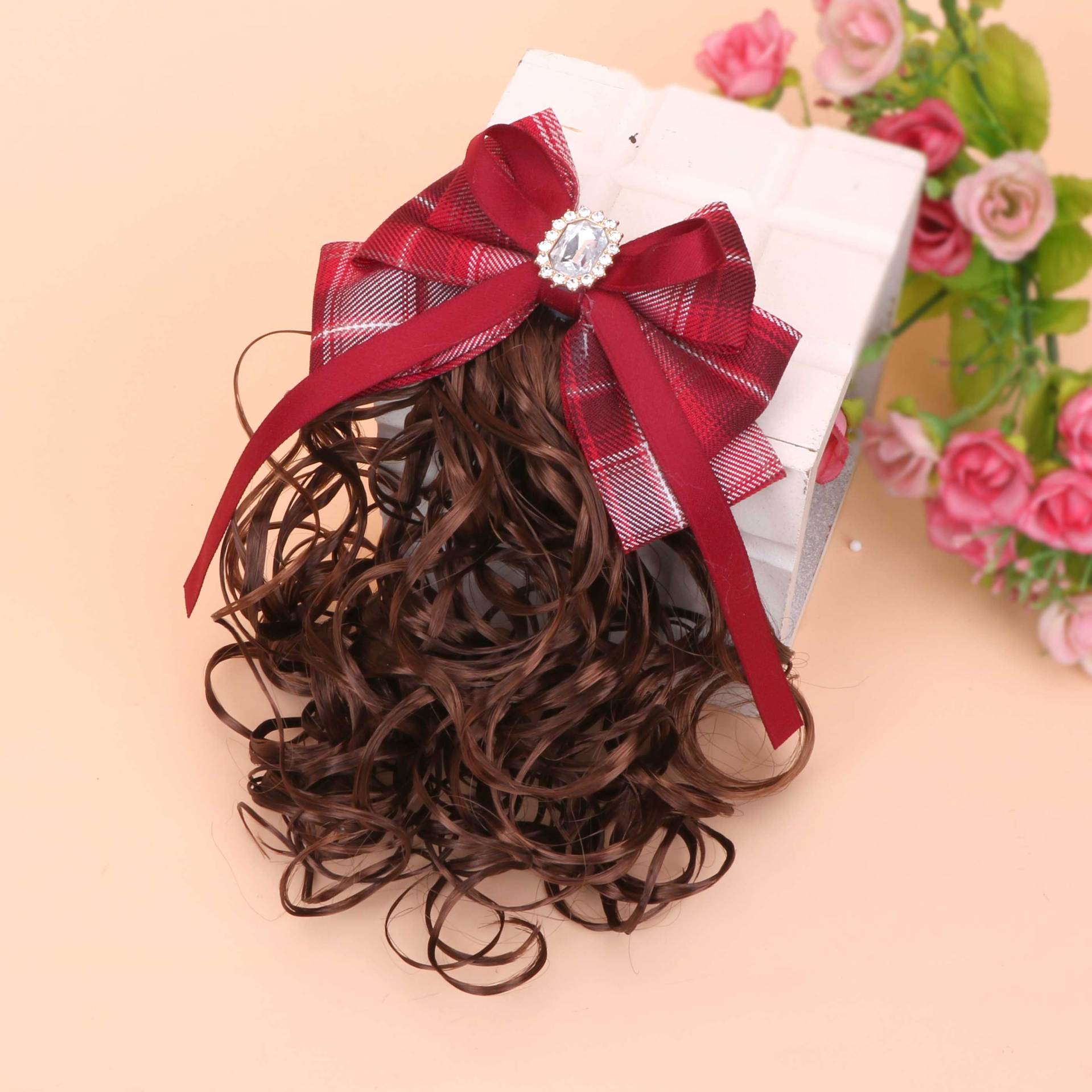 韩版儿童假发弹簧夹卷发女童格子蝴蝶结飘带洋气摄影公主表演发饰