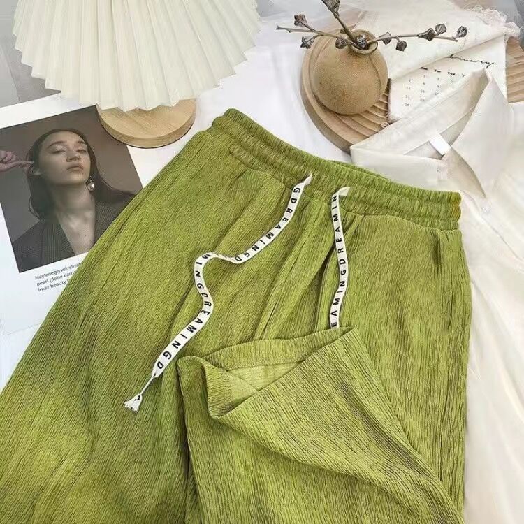 High Waist Texture Pleated Wide-Leg Pants Women's Autumn Letter Drawstring Loose Temperament Draping Mop Straight Mopping Pants