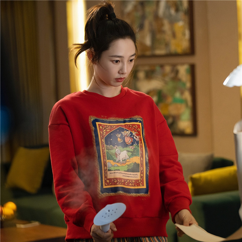 bm风brandy同款红色卡通印花圆领卫衣女bm宽松套头上衣白百何同款