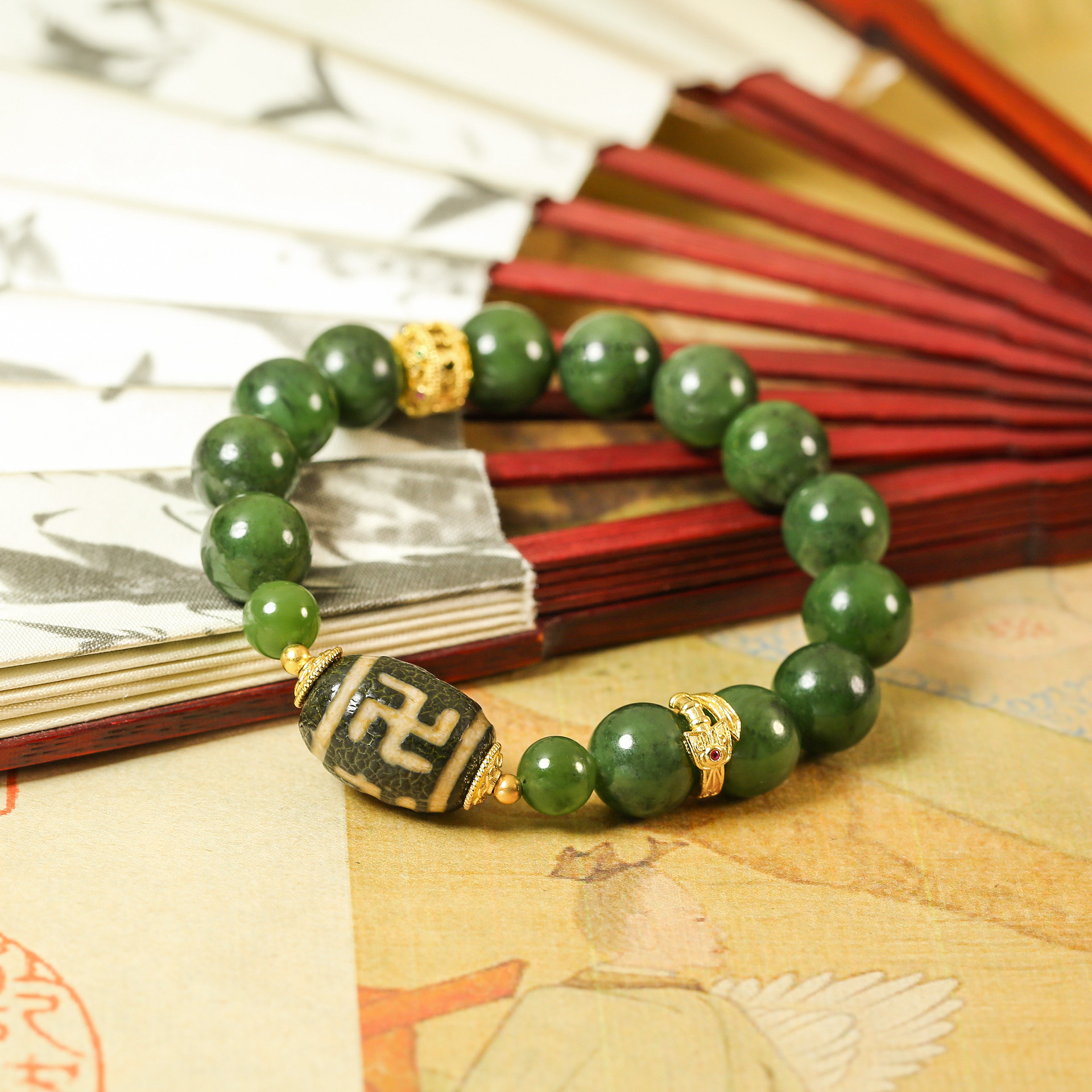 天然和田碧玉搭配万字天珠s925纯银镀金隔珠配饰diy原创设计手串