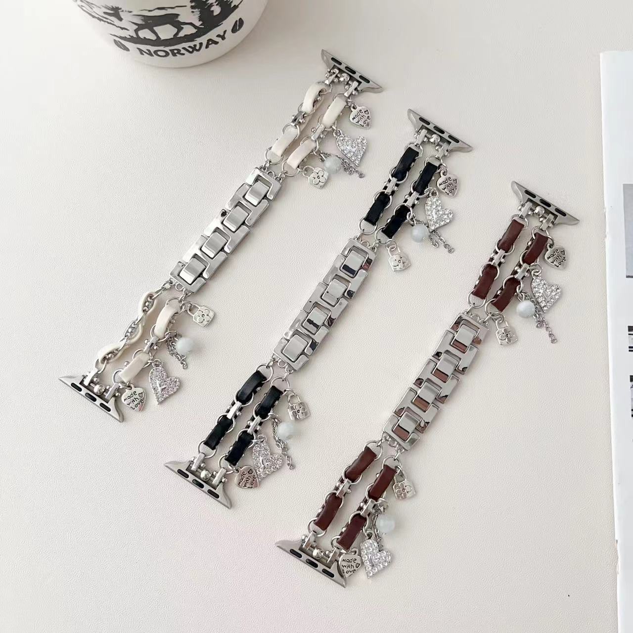 适用于s9苹果手表apple watch87654表带小香风金属链条拼皮质高级