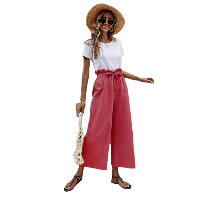 2023 New Summer Cross-Border Women's Clothing European and American Elastic Waist Solid Color Cotton Linen Belt Wide Leg Pants Loose Cropped Pants for Women