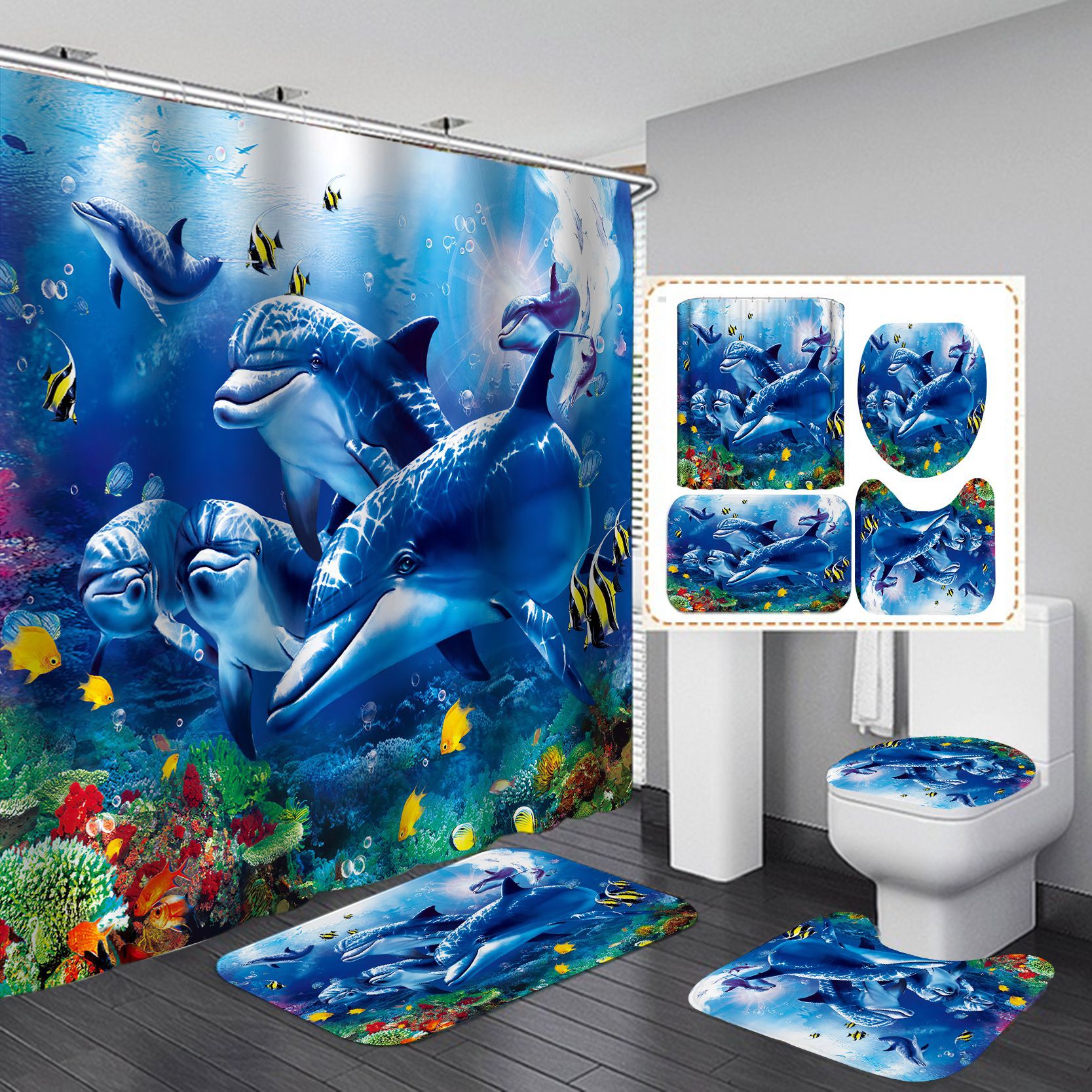 Shower Curtain Set Marine Life Series HD Digital Printing Waterproof Punch-Free Partition Curtain Hotel Rain Curtain