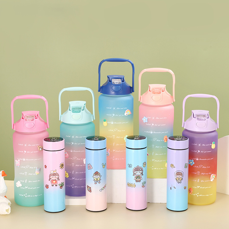 Cyber Celebrity Style New Arrival Double Drink Gradient Smart Insulation Cup Cup Set Large Capacity Plastic Sports Water Bottle Cross-Border Factory Wholesale