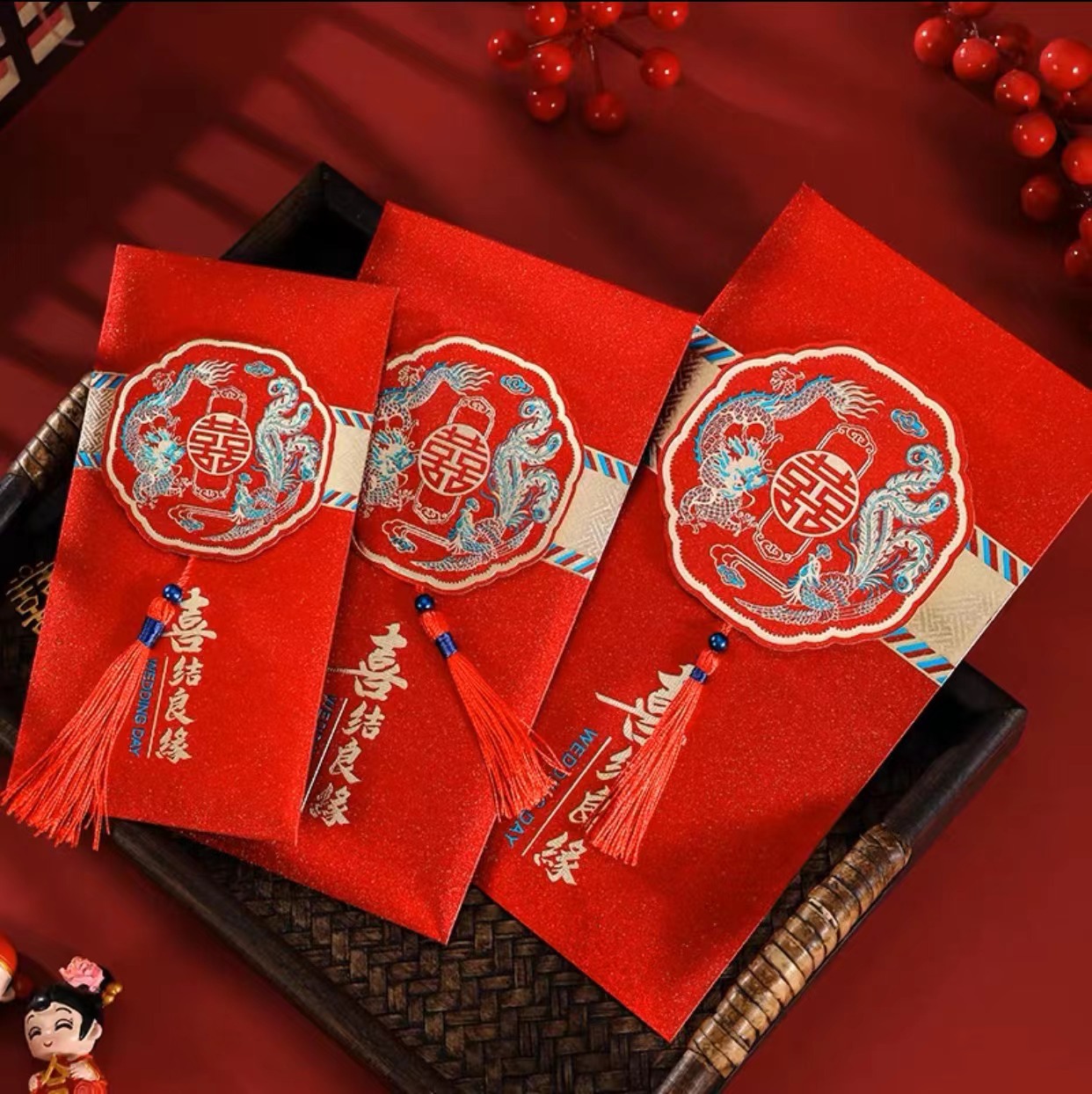 New Wedding Chinese Character Xi Chinese Red Envelope Li Wei Seal Wedding Door Blocking Wedding Supplies Collection Large Tassel Red Pocket for Lucky Money